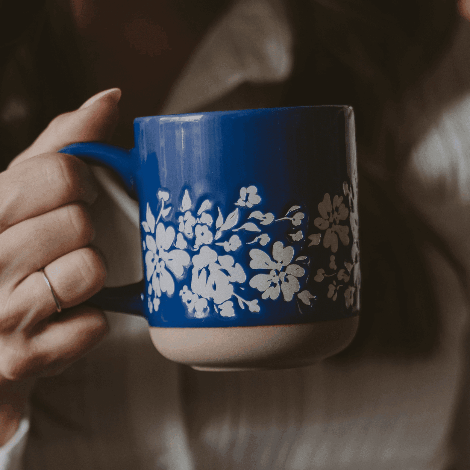 Blue Floral 14oz. Stoneware Coffee Mug - SwagglyLife Home & Fashion